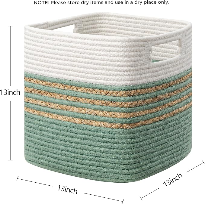 UBBCARE Set of 3 Storage Cubes 13 X 13 X 13 in, Water Hyacinth Storage Bins for Shelves, Toys, Book, Storage Baskets with Handles, Cotton Rope Woven Baskets for Organizing, Green
