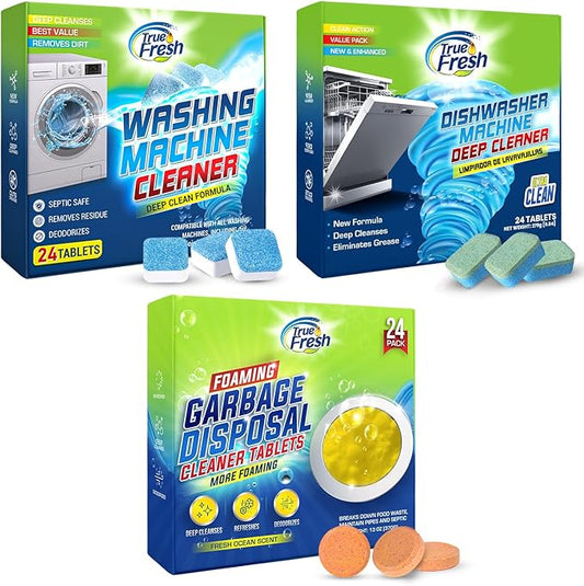72 Tablets Combo Pack – 48 Dishwasher & Washing Machine Cleaner Tablets + 24 Garbage Disposal Cleaner & Deodorizer Tablets- Removes Limescale, Buildups and mineral deposits