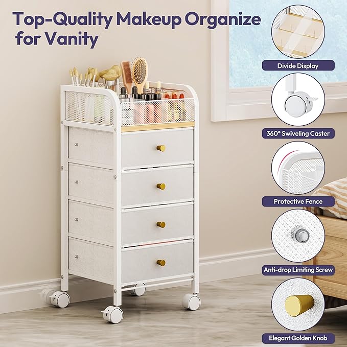 SWTYMIKI Rolling Makeup Organizer Cart - Floor Skincare Make Up Storage with 4 Non-woven Drawers, Vanity Organizer Cosmetic Display Cases Cabinet for Skin Care Perfume Nail Polish Brush Hair Tool
