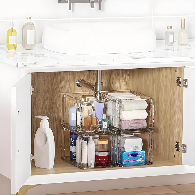 Clear Acrylic Storage Organizer Set, Multi-Purpose Cabinet Bins for Office, Kitchen, Bathroom, Stackable (2)