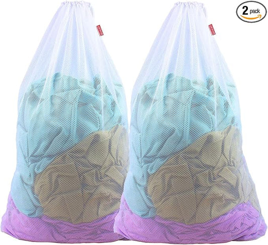 2 Pack Mesh Laundry Bags, 23 x 35 Inches Heavy Duty Mesh Wash Bags with Drawstring Closure for College, Dorm, Travel, Family and Apartment Dwellers, White