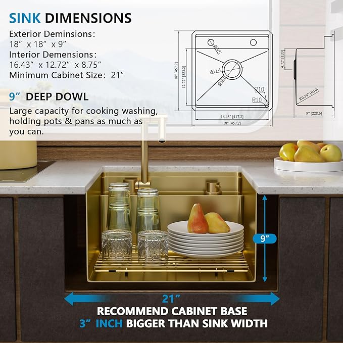 18"x18" Undermount RV Kitchen Sink – 16 Gauge 304 Stainless Steel Brushed Gold NANO-PVD Single Bowl Sink with Foldable Faucet, for RV, Camper, Mobile Home, Wet Bar