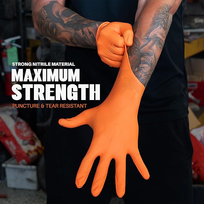 Herkules Grip Heavy Duty 8Mil Orange Nitrile Gloves,3D Raised Diamond Texture-Latex & Powder Free-Industrial, Mechanic (1, X-Large)