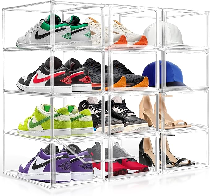 2 Pack Drop-Front Clear Shoe Storage Box Acrylic Box Shoe Organizer Size 12, Stackable Shoe Tower with Magnetic Door Storage Cubbies for Sneaker Containers Boot Display & Closet Organization