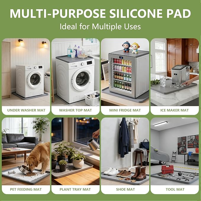 27×27×0.79inch Washing Machine Pan, With Raised Edge Washer Drip Tray, Drain Pan Silicone Mat, Foldable Portable Anti-Vibration Non-Slip Waterproof Pad, Smooth Surface (Grey)