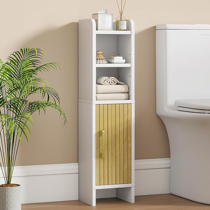 Bathroom Storage Cabinet, Small Corner Floor Cabinet with Fluted Door Narrow Toilet Paper Cabinet with Adjustable Shelves Wooden Slim Bathroom Organizers and Storage for Small Spaces, White