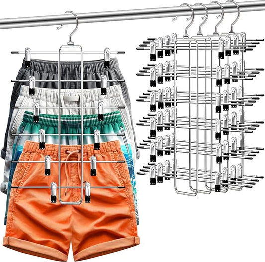 Closet-Organizers-and-Storage,6 Tier Pants-Hangers-Space-Saving,Skirt-Hangers with Clips for Closets Organizer,College-Dorm-Room-Essentials,4 Pack Closet Storage Clothes Shorts Hanger (4 Pack-Silver)