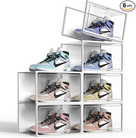 SEE SPRING 6 Pack Shoe Storage Box, Clear Plastic Stackable Shoe Organizer for Closet, X-Large Shoe Containers Bins Holders for Display Sneaker Fit up to Size 14 (Clear)