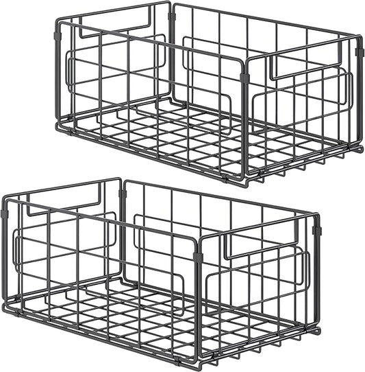 2 Pack Wire Baskets for Pantry Kitchen Organization,13.8inch Large Foldable Snack Storage Organizer Cabinets Freezer, Office,Bathroom,Closets Metal Basket Bin with Handle, 35x21.5x16 cm