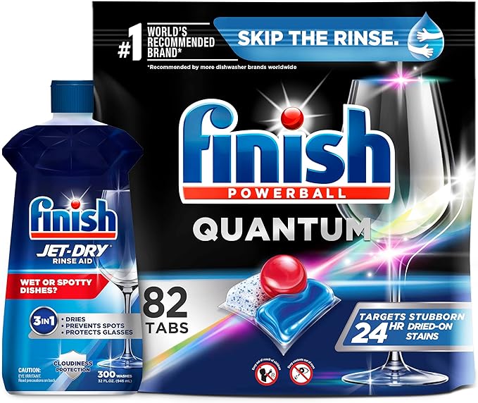 Set: Finish - Quantum - 82ct - Dishwasher Detergent - Powerball - Ultimate Clean & Shine - Dishwashing Tablets - Dish Tabs & Finish Jet-dry, Rinse Agent, Ounce Blue 32 Fl Oz