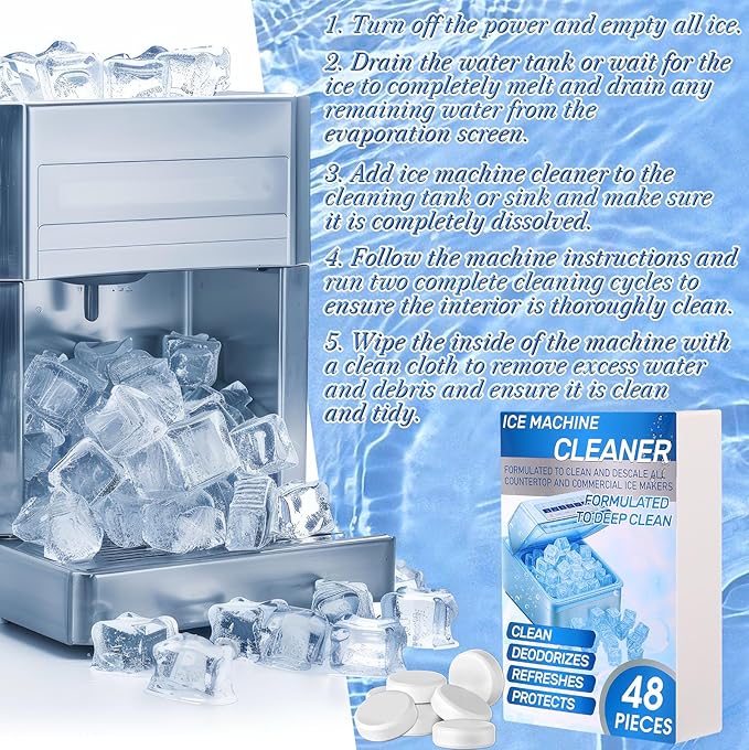 4 Pack 48 Pcs Ice Machine Cleaner Tablets Descaler, Clean Tablets for Ice Makers, Scale Remover for Countertop, Deep Cleaning, Remove Odor