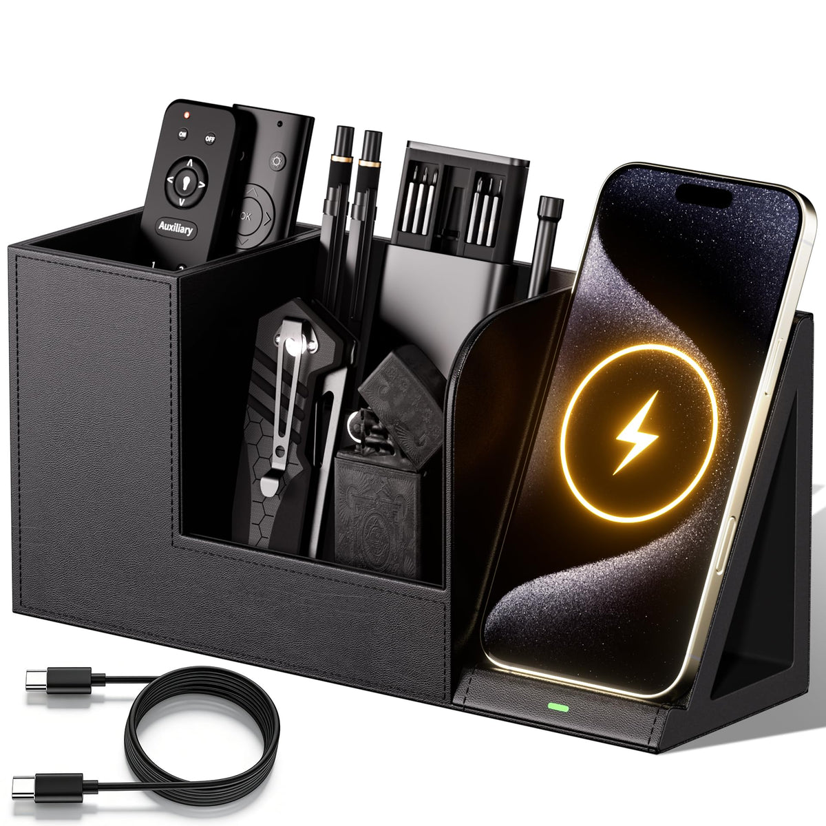 GORESE Desk Organizer with Charging Station, PU Leather Desktop - Image 1