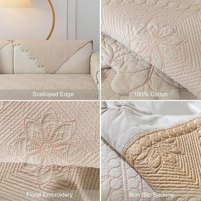 Cotton Quilted Dog Couch Cover for Sofa Farmhouse Rustic Embroidery Sectional Couch Cover Soft Anti-Slip Sofa Slipcover Furniture Protector for Kids, Pets (Khaki,36"x63")