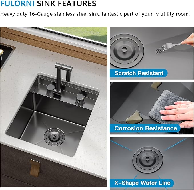 15 Inch RV Kitchen Sink - Fulorni 15"x17" Outdoor RV Mobile Camper Wet Bar Prep Sink Undermount Gunmetal Black NANO-PVD 16 Gauge Stainless Steel Single Bowl Basin with Foldable Faucet