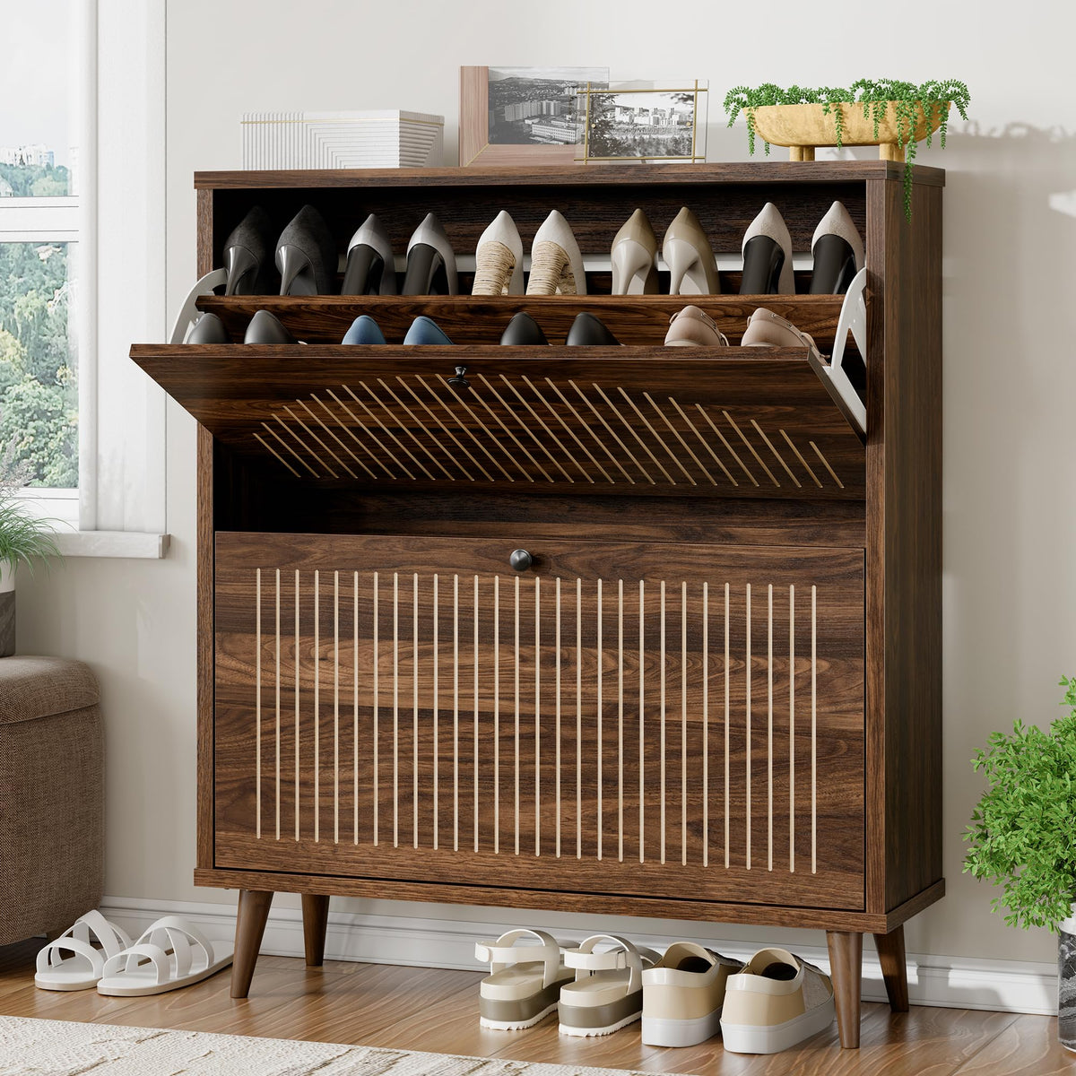 Wooden Shoe Cabinet for Entryway, 2 Flip Drawers Enclosed - Image 1