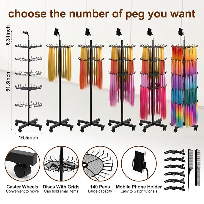 Braiding Rack Standing Hair Extension Holder with Tray 140 Pegs Height Adjustable Separator with Phone Holder Stylist Braiding Tools Accessories for Displaying and Separating Hair