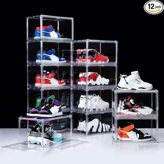 12 Pack Shoe Boxes, Clear Acrylic Stackable Plastic Sneaker Box Container, Magnetic Drop & Side Open Shoe Organizer Case Container With Lids Fits Up to Size 15(Transparency)