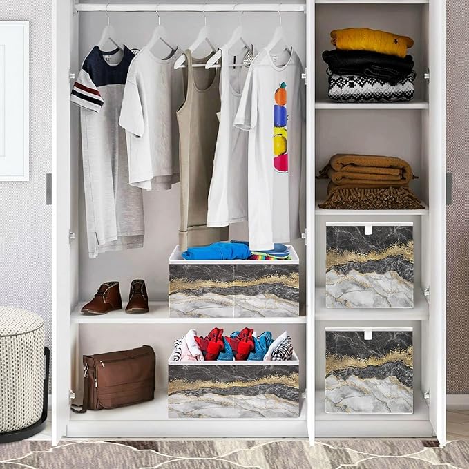 Bolaz Gold Black Marble Closet Organizers Storage Cubes Storage Bins Shelf Baskets Containers for Home Kids Room Toys Office,Square