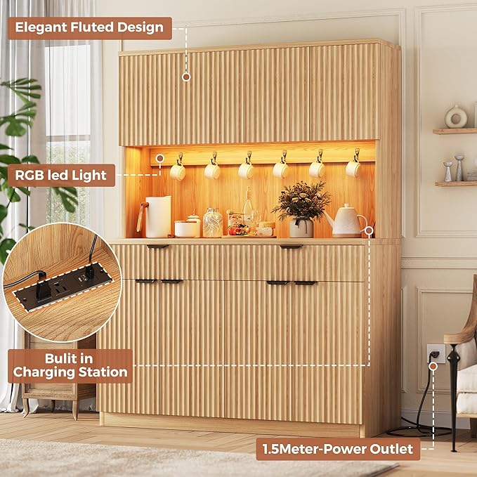 Fluted Kitchen Pantry Storage Cabinet with Charging Station/LED Light/Doors/Shelves, 71'' Tall Kitchen Food Hutch with Microwave Stand for Dining Room Living Room (Natural, 47 * 15.7 * 71)