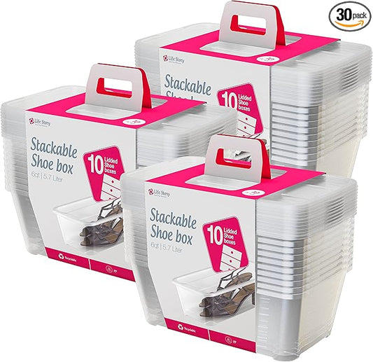 Life Story 6 Liter Shoe, Accessory, and Closet Plastic Storage Box Multi-Purpose Lidded Stacking Tote Containers, Clear (30 Pack)