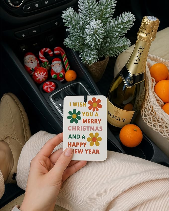 Retro Boho Christmas Car Air Freshener 4 Pcs, Hohoho Xmas Tree Lights Holiday Hanging Air Freshener for Cars Closet Drawer Books, Christmas Car Accessories Mirror Decor for Women Girls