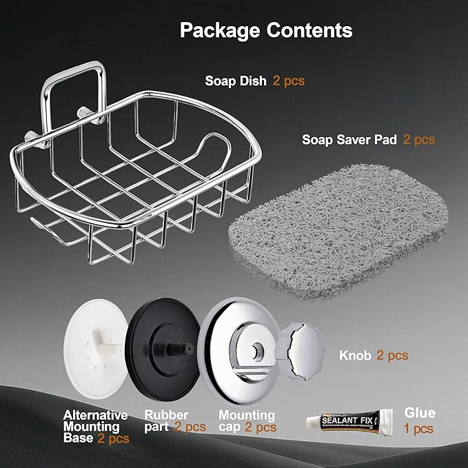 HASKO 2-Pack Suction Cup Soap Holder – Bar Soap Dish for Shower with Hooks for Bathroom – Optional Mounting with Adhesive Tape or Glue – Includes 2 Soap Savers – Polished Stainless Steel SS304