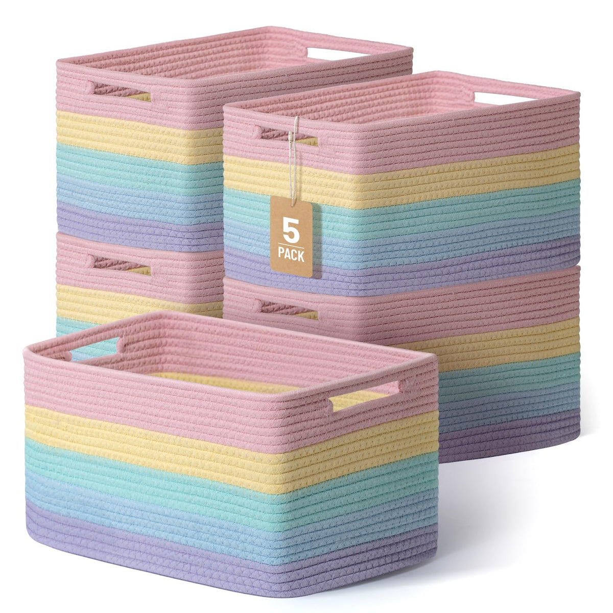 5 Pack Woven Storage Baskets, Decorative Storage Bins - Image 1