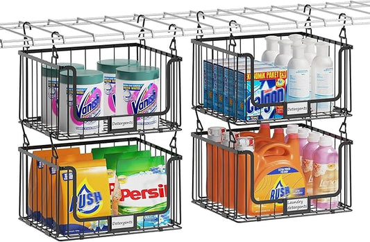 4-Tier Hanging Laundry Room Organizer with Label Cards,Foldable Wire Shelf Basket with 4 Rotating Hooks,Stacked Laundry Basket Organizer,Storage Rack for Laundry Rooms,Closet and Pantry-Black