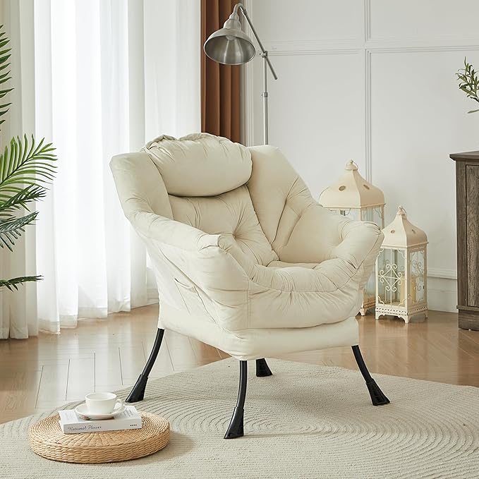 HollyHOME Lazy Chair with Armrest and Side Pocket, Comfy Accent Lounge Chair,Leisure Sofa Armchair for Living Room, Bedroom, Dorm, or Small Spaces, Oversized Reading Sofa Chair,Velvet Beige