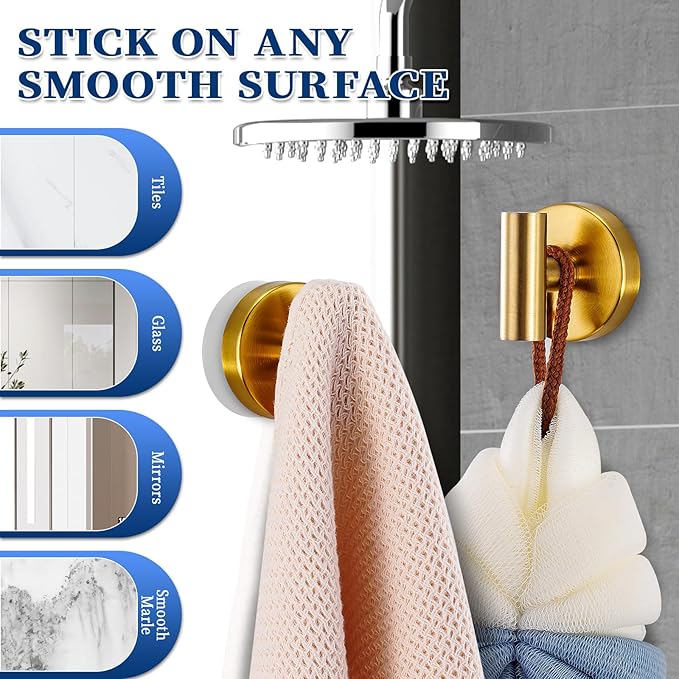 Suction Cup Hooks No Drill Stainless Steel Shower Hooks Towel Hook Robe Hook Heavy Duty on Smooth and Non-Porous Surfaces in Bathrooms Kitchen Bedroom (2, Brushed Gold)