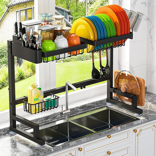 ADBIU Fit Sink 24.5"- 35.5" L Over Sink Dish Drying Rack (Expandable Dimension) Snap-On Design 2 Tier Large Kitchen Dish Rack Stainless Steel Counter Organization and Storage