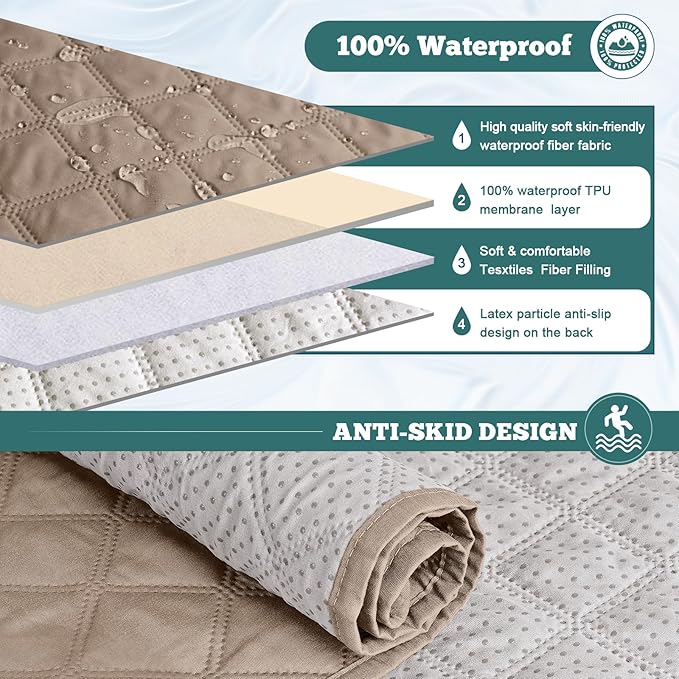 Ruaozz Waterproof Recliner Sofa Covers, 1-Piece Couch Covers for Reclining Couches Reclining Couch Cover Washable Furniture Protector with Elastic Straps Pocket for Kids Pets (Light Brown, 2 Seater)