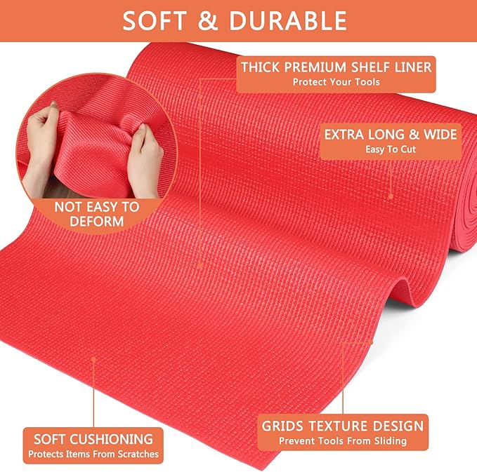Foam Toolbox Liner Drawer Mat 1/8 Inch Thick X 20 Inch Wide X 24 Ft Long Red, No Slip for Protecting Cabinet, Garage, Cart, Tool Box