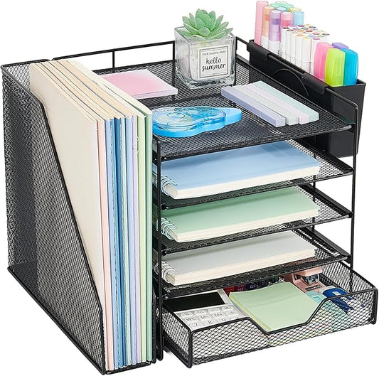 Desk Organizer, 5-Tier Paper Letter Tray Organizer with File Holder, Drawer and Pen Holder, Desktop Organizer for Office Supplies, Black