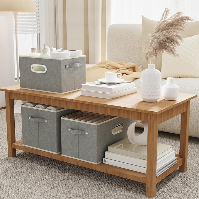 Fabric Open Storage Bins with Metal Handles, Collapsible Organizer Baskets, Foldable Cube Boxes for Shelves, Closet, Living Room, 10.2x7.9x6.7in, Grey, 2 Pack