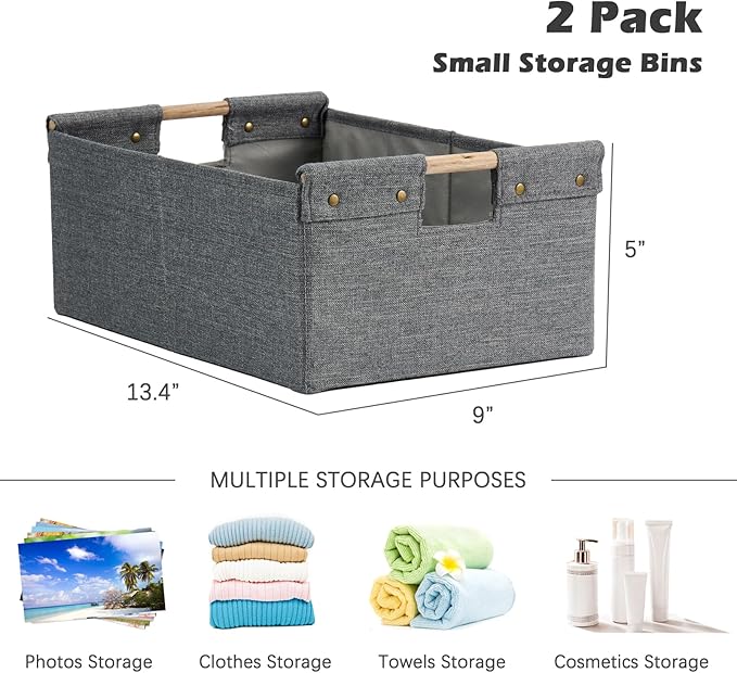 2PCS Storage Bins Cotton Linen Fabric Storage Boxes Basket with Wooden Handles Foldable Washable Decorative Shelf Container Clothes Organizer Home Laundry - Small Size, Gray