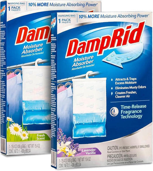Damp Rid Hanging Bag Moisture Absorbers - 2 Single Packs 15.4oz (Fresh Scent, Lavender Vanilla) - Closet Deodorizer Odor Eliminator, 10% More Moisture Absorbing Power - ILIOS Packaging