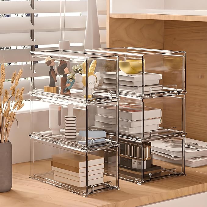 Clear Acrylic Storage Organizer Set, Multi-Purpose Cabinet Bins for Office, Kitchen, Bathroom, Stackable (3)