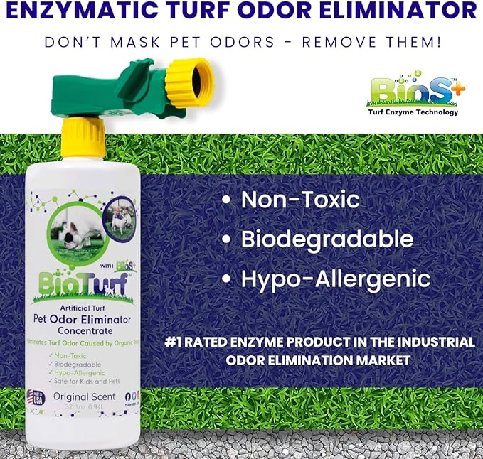 BioTurf BioS+ Odor Eliminator Concentrate - Artificial Turf Cleaner for Dog Urine & Feces - Outdoor Yard Deodorizer Enzyme Odor Eliminator for Fake Grass, Patios, Kennels & Gravel 32 oz Bottle 2-Pack