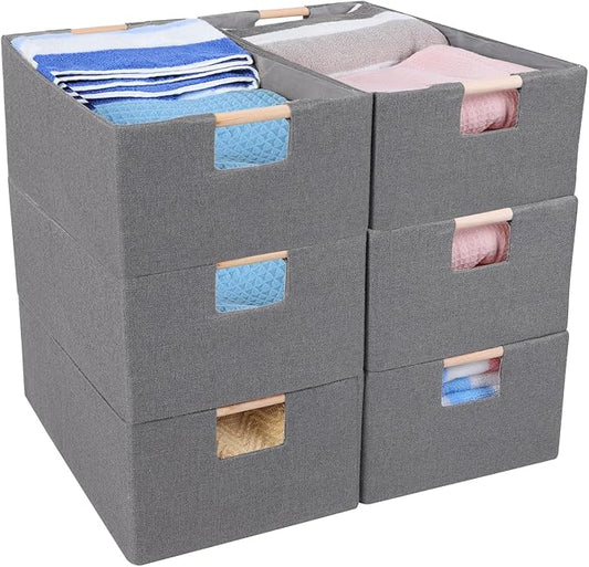 ANMINY 6PCS Storage Baskets for Organizing Collapsible Fabric Storage Bins Boxes with Wood Handles Closet Shelves Cube Organizer Bins Clothes Laundry Storage Container - Large, Gray
