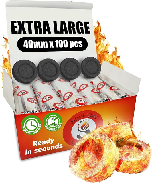 Sunlight® Charcoal Tablets for Incense – Quick Light Coal Tablets – Charcoal Disks – 40 mm Coal Rolls – Coal Briquettes – Slow Burn - Instant Lighting [100]