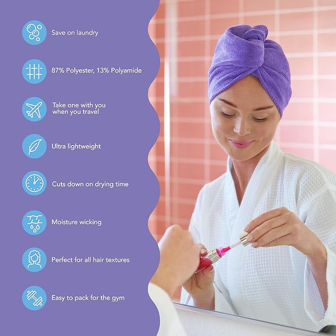 Turbie Twist 4-Pack Microfiber Hair Towel for Beauty, Travel, Gifting - Hair Wrap Turban for Straight, Wavy & Curly Hair - Premium Personal Care - Dark Purple & Light Purple