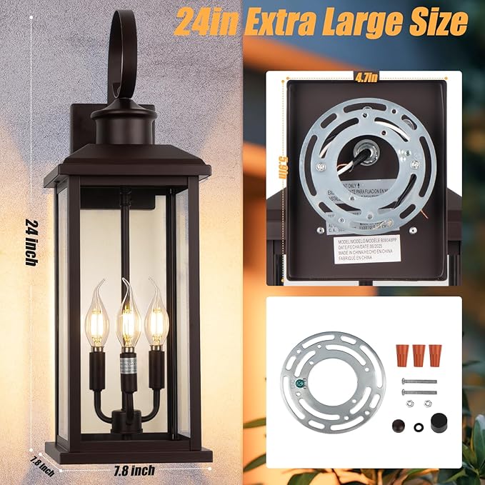 3-Light Large Outdoor Wall Light 2-Pack, 24" Bronze Modern Extra Exterior Lighting Fixture, Waterproof Porch Sconce Wall Mount, Outside Lamp for Front Door Farmhouse