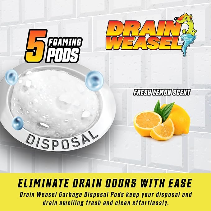FlexiSnake Drain Weasel Sink Snake Hair Clog Remover Tool and Disposal Pods Cleaner/Deodorizer. Includes 5 Wands, Removable Handle and Pack of 5 Fresh Lemon Scent Pods