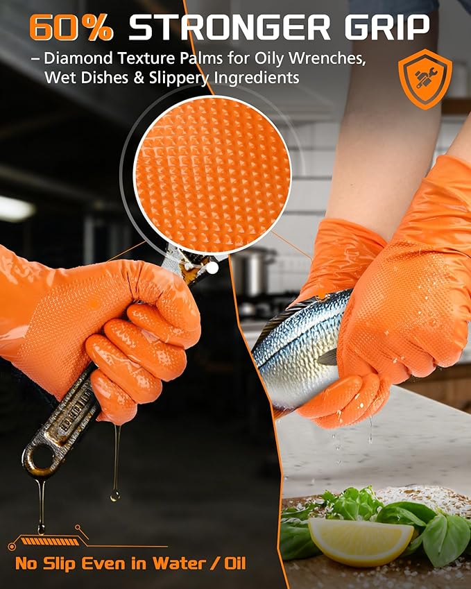 nitroshield 9mil Heavy Duty Disposable Nitrile Gloves,Orange XLarge 800Pcs -Chemical Resistant, Latex & Powder Free Rubber Gloves Diamond Texture for Automotive, Mechanics, Cooking,BBQ, Industrial Use