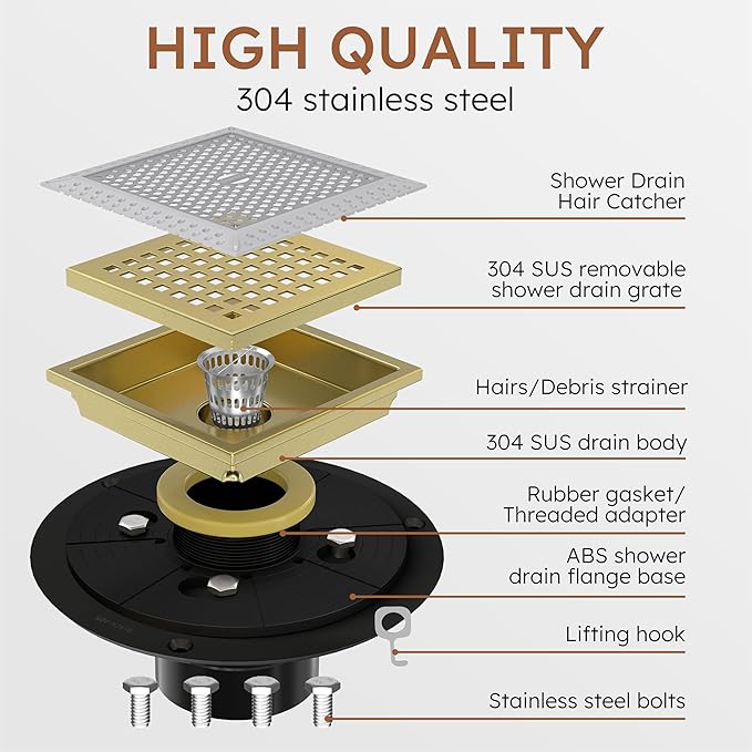 4 Inch Gold Square Shower Drain Kit with Flange,Modern Floor Drain with Removable Quadrato Pattern Grate,Stainless Steel SUS 304