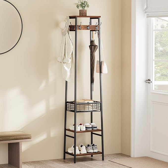 Coat Rack Freestanding, Coat Stand with Metal Basket and Storage Shelves, Hall Tree Free Standing with and 7 Hooks, Clothes Rack Stand Organizer, Rustic Brown and Black