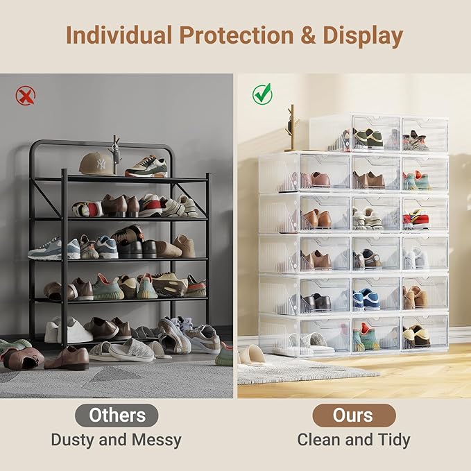 XX-Large Shoe Sneaker Storage Boxes for Size 14, Stackable & Thicken Clear Plastic Shoe Organizers 6 Packs for Entryway Closet Under Bed, Shoe Storage Cabinets Container Display Case w/ Magnetic Door