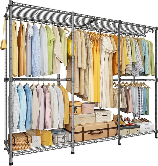E14 Pro Heavy Duty Clothes Rack，Freestanding Clothing Racks for Hanging Clothes，Adjustable Closet Organizers and Storage，Metal Garment Rack with Shelves 69"W x16"D x77"H，Max Load 960LBS，Grey