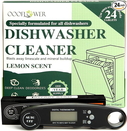 24PCS Dishwasher Cleaner and Deodorizer Tablets with Digital Meat Thermometer, Deep Cleaning Formula Tablets for Removing Limescale, Odor, Smell, Hard Water Residue(Lemon-Scented)